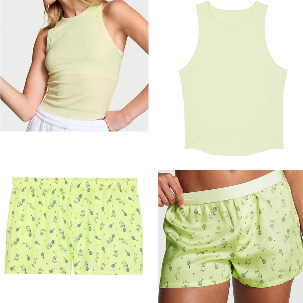 Victorias Secret PINK Tencel Lime Green Pajama Tank and Shorts Set XS Dogs Print